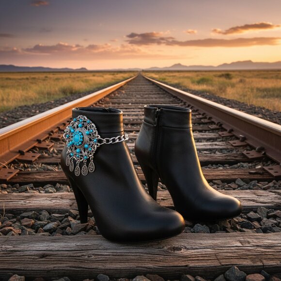 Women 2PCS Silver Metal Boot Chain Bracelet Shoe Anklets Turquoise Flower Ethnic - Picture 12 of 17